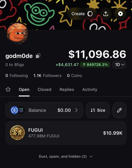 A Polymarket profile for “godm0de” shows a $11,096.86 balance and a 1D gain of +$4,631.47, with the FUGUI position listed at $10.99K for 477.98M FUGUI. This illustrates the accompanying phrase, “FUGUI means to be rich.”