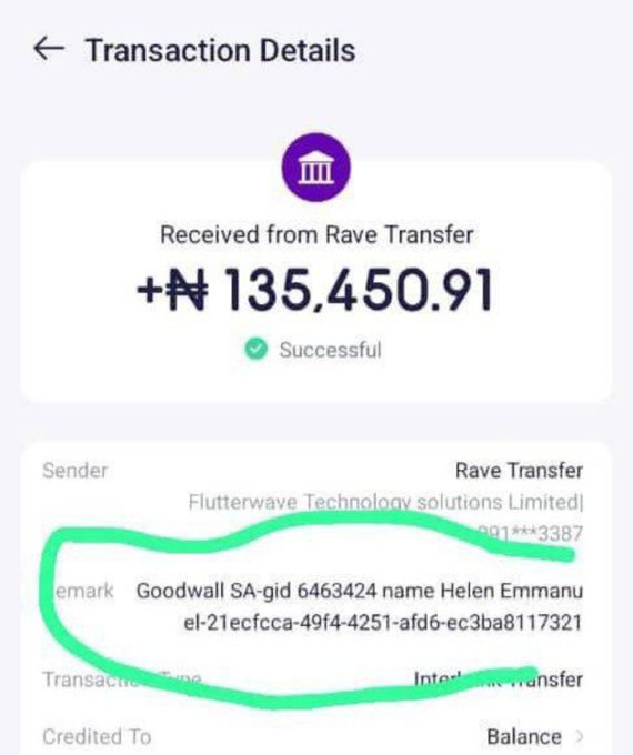 The image shows a successful transaction receipt of ₦135,450.91 received from Rave Transfer by Flutterwave Technology Solutions, with the highlighted remark reading "Goodwall SA-gid 6463424 name Helen Emmanuel-21ecfcca-49f4-4251-afd6-ec3ba8117321." It appears to be used as visual "proof" to lend credibility to the accompanying post, which promotes a supposed $35 USDC reward and links to a Telegram channel—likely a scam tactic leveraging a legitimate-sounding payout reference.