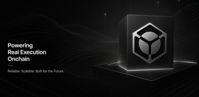 Dark promotional banner with a 3D metallic cube logo on the right and text reading 'Powering Real Execution Onchain — Reliable. Scalable. Built for the Future.'