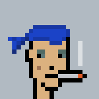 A low-resolution pixel art portrait of a man with brown skin, blue hair, and a cigarette in his mouth, set against a light blue background.