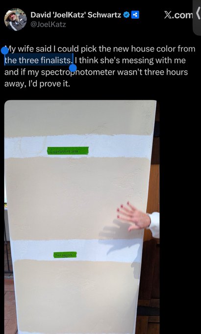 A screenshot of a tweet by David 'JoelKatz' Schwartz (@JoelKatz) joking that his wife is 'messing with' him because the three house paint finalists ('SUGAR PIE' and 'COLONIAL') appear identical to the naked eye.