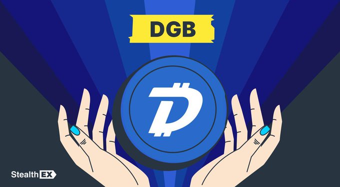 Illustration of two hands holding a blue DigiByte (DGB) coin with a yellow "DGB" label and a "StealthEX" watermark.