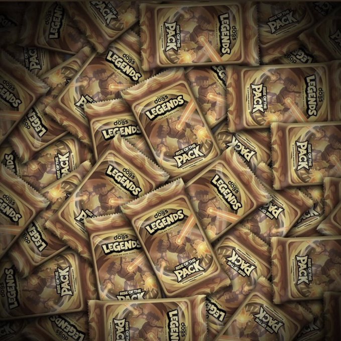 An image featuring a dense pattern of "Dogs Legends: Rise of the Pack" product packaging, which serves as a physical consumer item representing the project's strategy to expand brand reach beyond the NFT space.