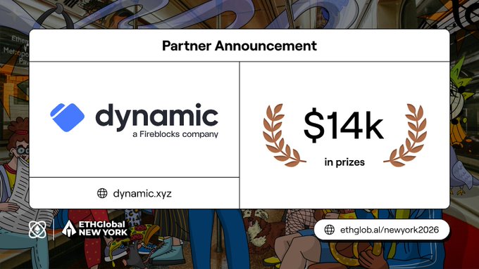 The image features a logo for Dynamic and the hashtag #ethGlobalNewYork along with text promoting an event happening on New Year's Day. The content suggests that dynamic is hosting a contest or giveaway, offering $14k as a prize. They are seeking participants who want to move value using the "#agentic_funding" token provided in their post. Additionally, they encourage users to sign up via the hashtag #ethGlobalNewYork and share their tokens with others for the same purpose. The image also contains various symbols related to the New Year theme.