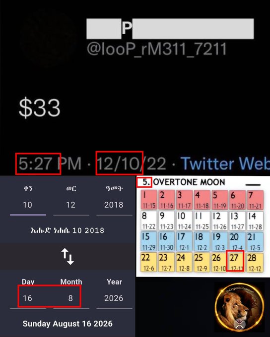 The image displays a screenshot featuring the price "$33," a timestamp of "5:27 PM · 12/10/22 · Twitter Web," and calendar dates highlighted in red, including "10" in the Ethiopian calendar (which converts to "16 8 2026" in the Gregorian calendar for August 16, 2026). It also shows an "Overtone Moon" calendar with dates 27 (12-11) and 5 circled in red, visually connecting the riddle's claim about the golden month spanning December to August/September.
