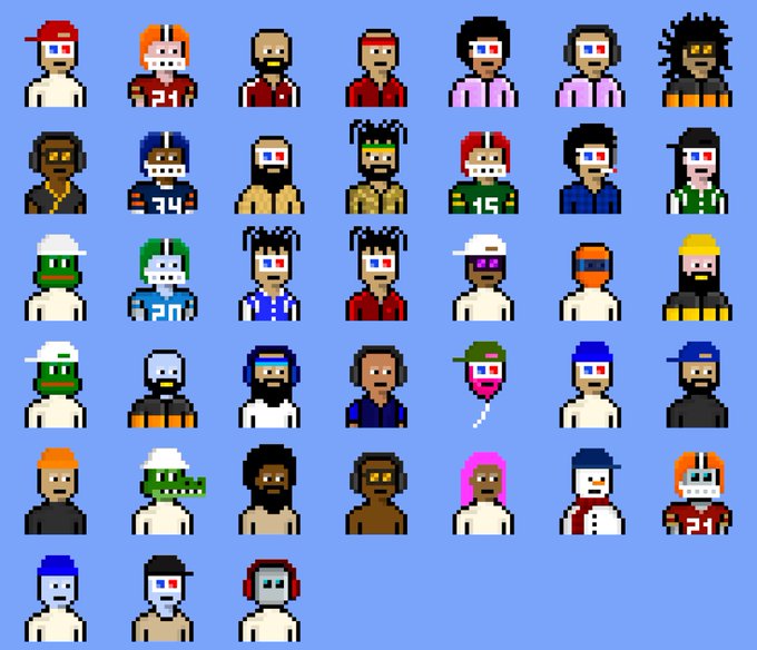 A grid displays various pixel-art character avatars, many wearing American football helmets and jerseys, set against a solid blue background.
