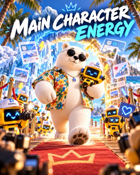 A promotional graphic featuring a white bear character in sunglasses and a Hawaiian shirt, surrounded by small robots and floating photos, with bold text reading 'MAIN CHARACTER ENERGY'.