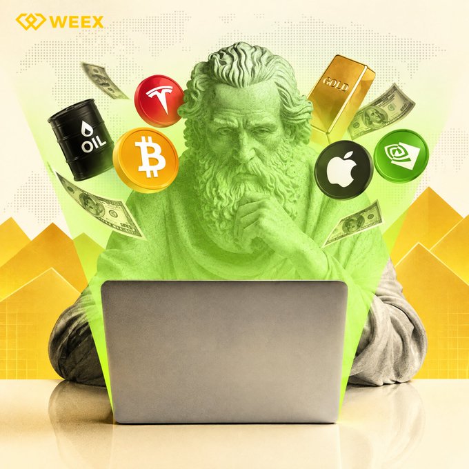 A promotional image from WeeX featuring a green-tinted statue of a thinking philosopher at a laptop, surrounded by floating icons representing oil, Tesla, Bitcoin, gold, Apple, and Nvidia, with dollar bills and a rising chart in the background.
