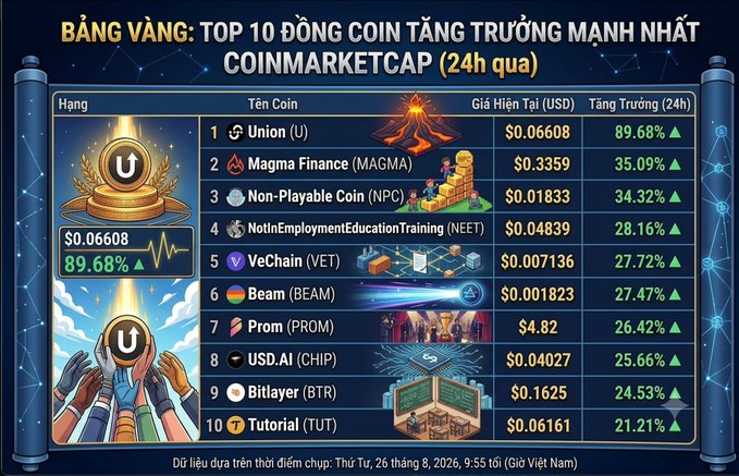 A graphic titled 'BẢNG VÀNG: TOP 10 ĐỒNG COIN TĂNG TRƯỞNG MẠNH NHẤT COINMARKETCAP (24h qua)' showing the top 10 growing coins, led by Union (U) at 89.68%, followed by Magma Finance (MAGMA), Non-Playable Coin (NPC), and others.