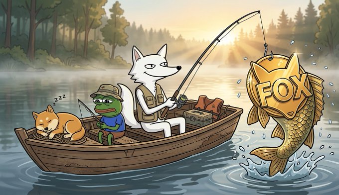 A cartoon illustration depicts a white wolf fishing from a small boat on a misty lake, with a sleeping Shiba Inu and a frog companion, while a golden fish labeled "FOX" leaps from the water.