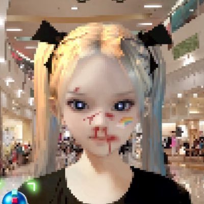 A stylized 3D anime-style character with blonde pigtails and black bows, with a cartoonish blood-splattered face and a rainbow mark on the cheek, standing in a shopping mall.