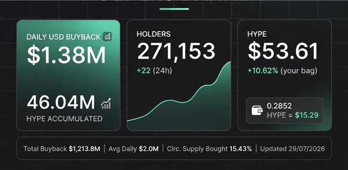 A dashboard displaying cryptocurrency token statistics, showing a 'DAILY USD BUYBACK' of $1.38M, 'HOLDERS' at 271,153 (+22 in 24h), and a 'HYPE' price of $53.61 (+10.62%).