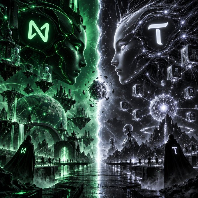 A stylized digital artwork depicting a face-off between two artificial intelligences, with the Near (N) logo on a green-themed robotic face on the left and the Toncoin (T) logo on a white robotic face on the right.