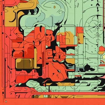 An abstract digital artwork featuring a stylized face and various geometric shapes in red, teal, and orange tones.