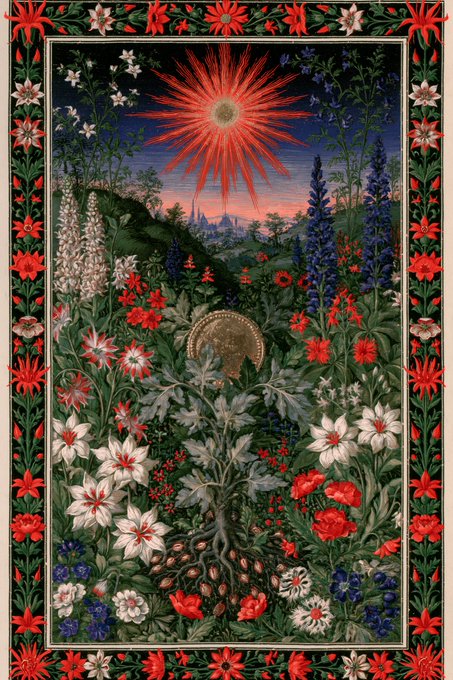 A vibrant, ornate illustration of a garden filled with various flowers, a glowing sunburst in the sky, and decorative floral borders.