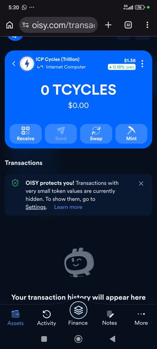 A screenshot of a mobile crypto wallet interface (Oisy) showing a balance of 0 TCYCLES ($0.00) with no transactions yet.