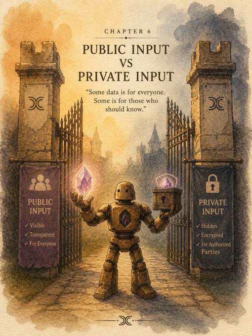 A fantasy-style illustration titled 'CHAPTER 6: PUBLIC INPUT VS PRIVATE INPUT' showing a golden robot holding a crystal and a locked chest between two gates labeled 'PUBLIC INPUT' (Visible, Transparent, For Everyone) and 'PRIVATE INPUT' (Hidden, Encrypted, For Authorized Parties).