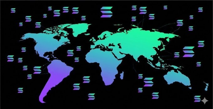 The image features a large map of the world with various symbols, including blue squares representing countries and green triangles representing cities. The map is set against a black background, which contrasts with the colors used for the different elements. In the corner of the image, there's a caption that reads "Solana will change the world." This phrase seems to be related to the content of the post on social media or a similar platform.