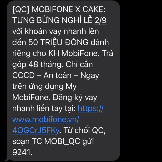 A Vietnamese promotional SMS message from MobiFone advertising a holiday loan of up to 50 million VND over 48 months via their app at mobifone.vn/4OGCrJ5FKy, with opt-out instructions MOBI_QC to 9241.