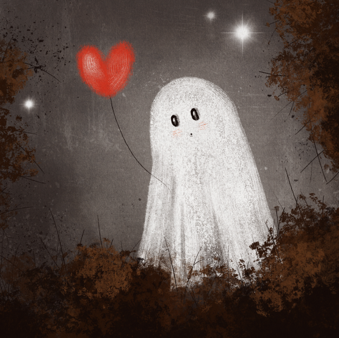 A digital illustration of a cute, blushing white ghost holding a red heart-shaped balloon, set against a dark, starry night sky with brown foliage framing the scene.