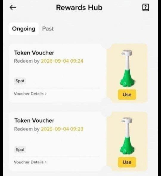 A 'Rewards Hub' mobile app screen showing two Token Vouchers redeemable by 2026-09-04, each with a 'Use' button and 'Spot' label.