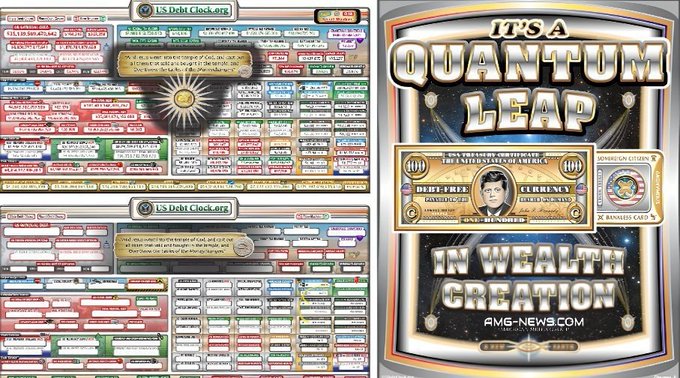 The image displays a split composition showing the US Debt Clock from USDebtClock.org with its colorful ticking counter panels on the left, paired with a graphic on the right featuring the text "It's a Quantum Leap in Wealth Creation" by AMS-NEWS.com, alongside what appears to be a $100 Quantum Leap "Qunaks" dollar bill and a Rippless token card, visually reinforcing the post's message about a transformative "8/8 Lion's Gate" financial shift following Ripple's SEC victory.