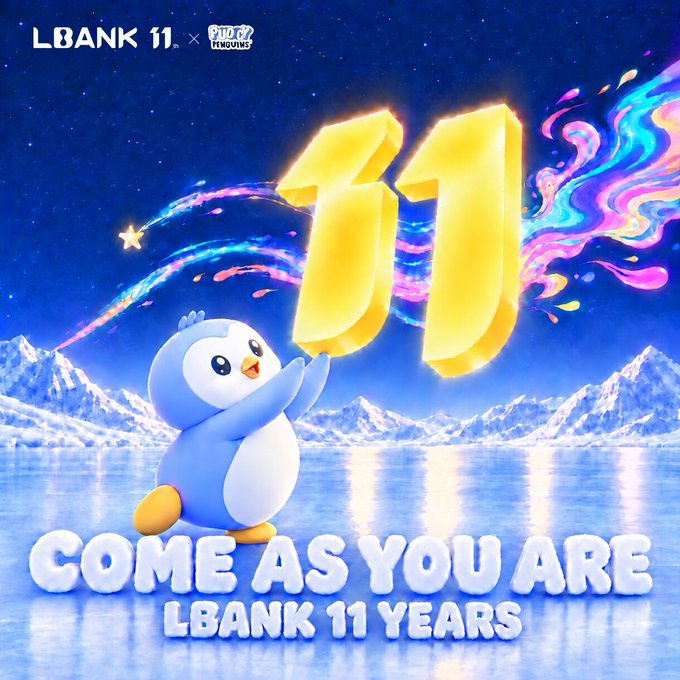 A festive graphic for 'LBANK 11 x PINGPONG!' celebrating 11 years with the slogan 'COME AS YOU ARE,' featuring a cartoon penguin hugging the number 11.