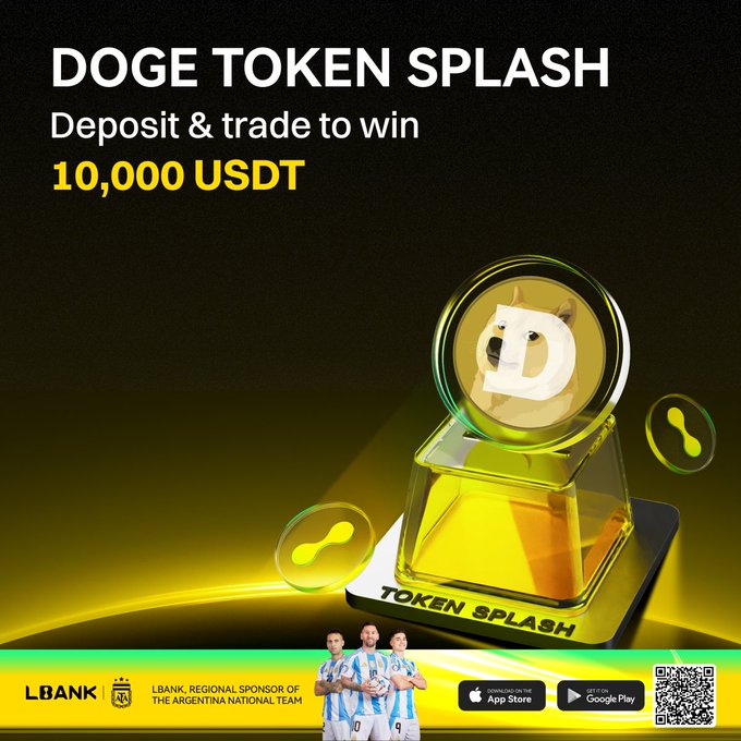 Promotional banner for LBank's DOGE Token Splash event, offering a 10,000 USDT prize pool for depositing and trading $DOGE, featuring the iconic Shiba Inu Doge meme coin rendered as a gold trophy alongside LBANK branding and an Argentina National Team sponsorship.