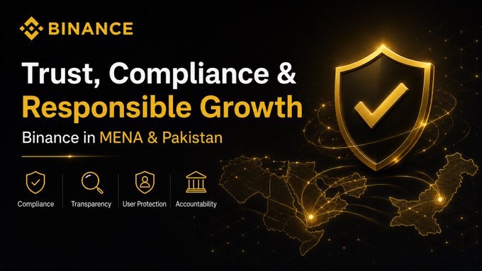 The image highlights "Trust, Compliance & Responsible Growth" for Binance in MENA & Pakistan, emphasizing key pillars like Compliance, Transparency, User Protection, and Accountability, mirroring the post's message about prioritizing safe and responsible growth in the crypto market.