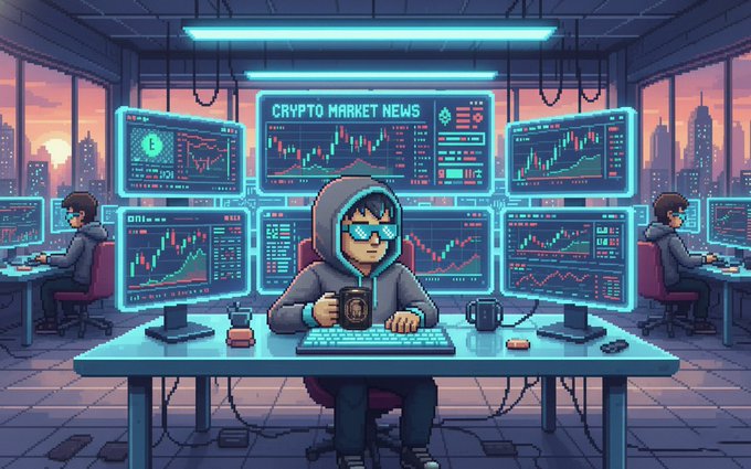 A pixel-art trader in a hoodie sits at a multi-monitor trading desk displaying real-time cryptocurrency charts under a "CRYPTO MARKET NEWS" banner, visually capturing the tense, risk-off atmosphere described in the daily briefing.