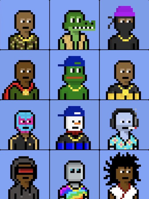 A 4x3 grid of pixel-art NFT avatars featuring various characters with different hats, masks, and outfits on a blue background.