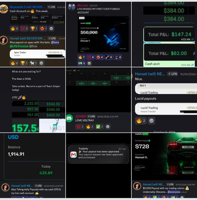 A collage of screenshots shows Discord messages and trading account payouts, displaying usernames like 'Reyss626' and 'shruvan' alongside profit figures such as '$384.00' and '$50,000' from platforms including Apex Trader and Tradrly.
