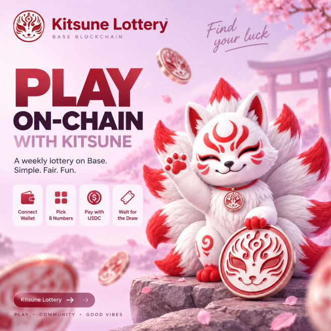Promotional poster for 'Kitsune Lottery' on Base Blockchain featuring a white and red fox kitsune mascot, with steps to connect wallet, pick 8 numbers, pay with USDC, and wait for the draw.