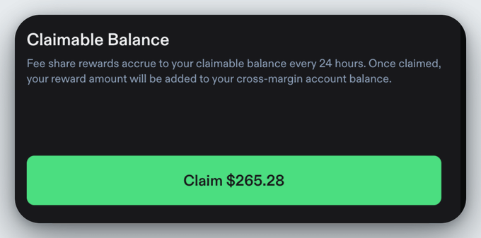 A dark-themed "Claimable Balance" panel showing a green button labeled "Claim $265.28," with text explaining that fee share rewards accrue every 24 hours and are added to the cross-margin account balance once claimed—visually representing the $265 USDC reward the user received from Phoenix Trade for trading $891k in Bitcoin.