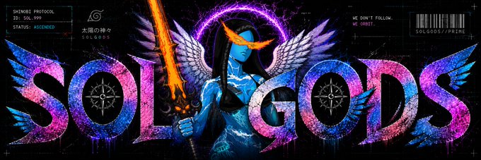 A vibrant digital artwork features the text 'SOLGODS' in colorful, galaxy-textured letters flanking an angelic figure with blue skin, white wings, and a flaming orange sword.