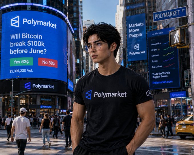 An AI-generated image shows a young man in a 'Polymarket' t-shirt standing in Times Square in front of a billboard asking 'Will Bitcoin break $100k before June?'.