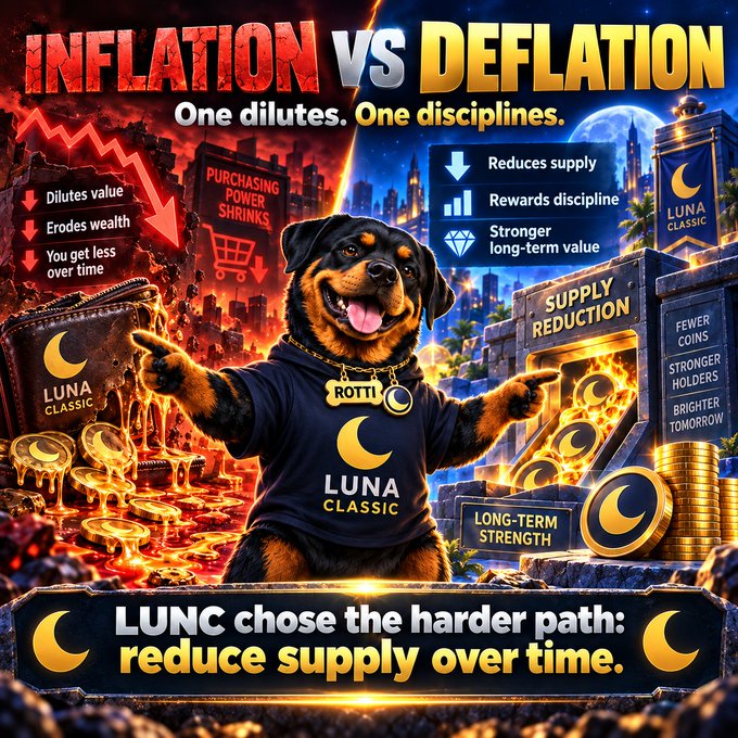 A promotional graphic titled 'INFLATION VS DEFLATION' featuring a Rottweiler wearing a 'LUNA CLASSIC' hoodie with the tagline 'LUNC chose the harder path: reduce supply over time.'