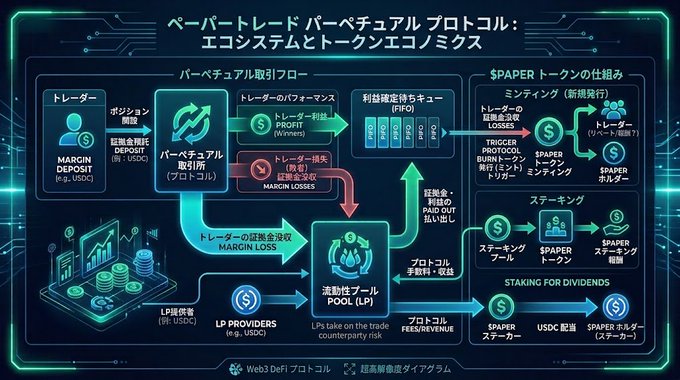 A Japanese-language infographic diagram titled 'ペーパートレード パーペチュアル プロトコル: エコシステムとトークンエコノミクス' (Paper Trade Perpetual Protocol: Ecosystem and Token Economics) showing the protocol's flow including traders, liquidity pools, and $PAPER token minting/burning/staking.
