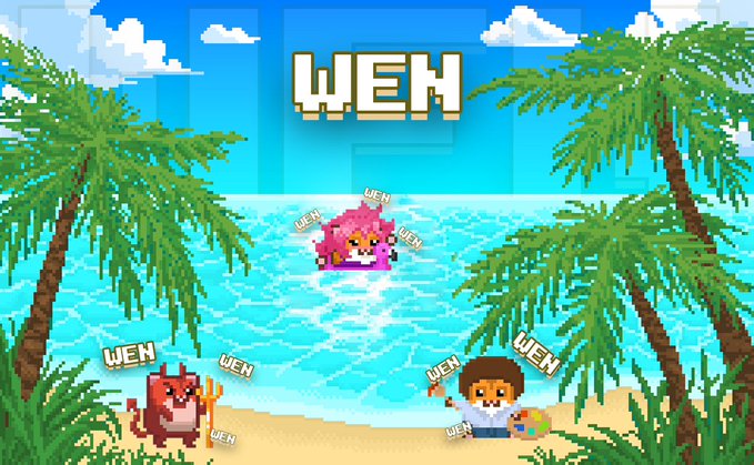 A pixel art illustration with a 'WEH' title showing a beach scene where two characters and a floating pink creature say 'WEH' repeatedly, with palm trees framing the tropical setting.