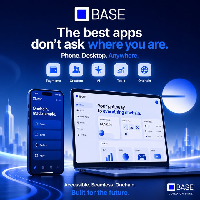 A promotional advertisement for BASE, an onchain app available on phone, desktop, and anywhere, featuring categories like Payments, Creators, AI, Tools, and Onchain with the tagline 'Accessible. Seamless. Onchain. Built for the future.'