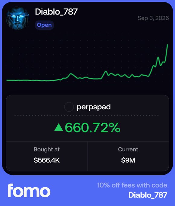 A financial-style app card for 'Fomo' showing a user named 'Diablo_787' who bought 'perpspad' for $566.4K, now valued at $9M, representing a +660.72% gain.