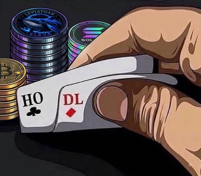 Illustration showing a hand squeezing a stapler that fires playing cards with 'HO' (clubs) and 'DL' (diamonds), set against stacks of meme coins including a Bitcoin, a 'Leviathan Sleeve' coin featuring a blue whale, and a Solana token.
