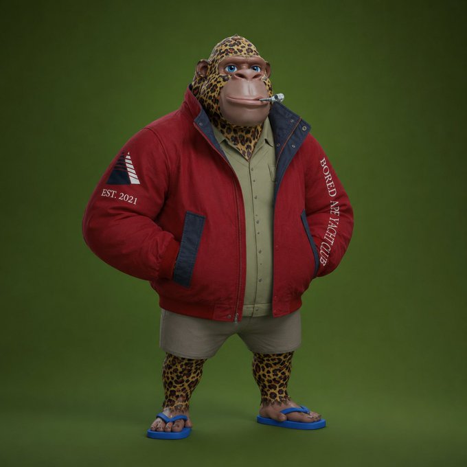 A 3D-rendered anthropomorphic leopard figure wears a red jacket with 'EST. 2021' and 'POLO ATHLETICS' text, paired with khaki shorts and blue flip-flops, standing against a green background.