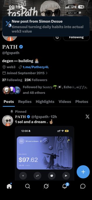 A Twitter/X profile page for PATH (@fgspath) with the bio 'degen - building' on web3, displaying a pinned post showing a SOL balance of $97.62.