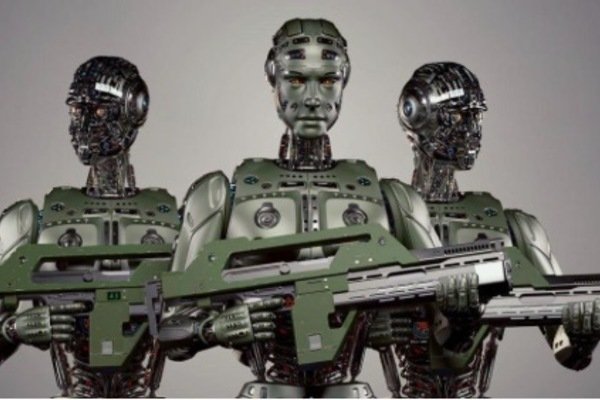 Three green robotic cyborgs with exposed mechanical heads and torsos stand together holding futuristic rifles.