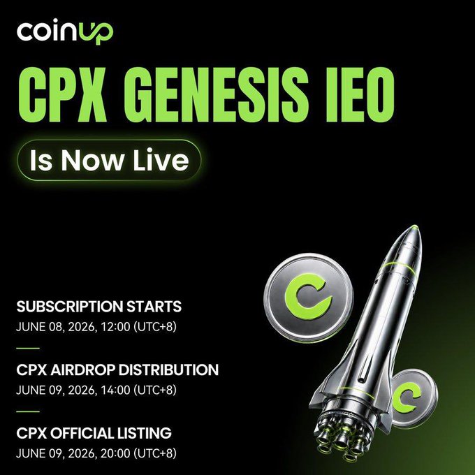 The image features a rocket ship with the text "CoinUp" written above it. Below the rocket ship, there are three bullet points providing information about the Genesis IEO token. The first bullet point states that the token is now live, while the second bullet point explains that the token has been officially listed on CoinUp's official listing. The third bullet point provides details about the supply structure and market listing metrics for the Genesis IEO token.