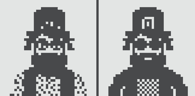 Two dark pixel art figures with hats and wide grins displayed side-by-side against a light background, with the right figure featuring a symbol on its hat.
