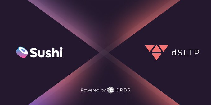 The image features a purple logo with an x over it that says "dSLTP" written below it. The background of the image is black, but there are pink lines coming from the edges of the image. Below this, there's text that reads "Sushi" and "dSLTP". In the bottom right corner of the image, there's a link to an Ethereum-based exchange called @SushiSwap Decentralized Stop-Loss and Take-Profit.