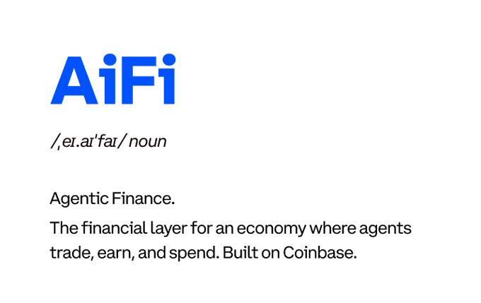 The image displays a dictionary-style definition for "AiFi" (/ˌeɪ.aɪˈfaɪ/), described as "Agentic Finance" — "The financial layer for an economy where agents trade, earn, and spend. Built on Coinbase." This pairs with the post's message about AI agents continuing to trade, earn, and transact autonomously around the clock, even while humans take a break from their screens.