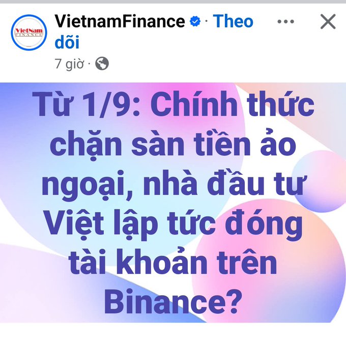 A social media post from "VietnamFinance" features a sensationalized Vietnamese headline claiming that foreign crypto exchanges will be officially blocked from September 1st and Vietnamese investors must immediately close their Binance accounts, which contrasts sharply with the accompanying comment urging calm and noting no exchange is actually licensed yet.